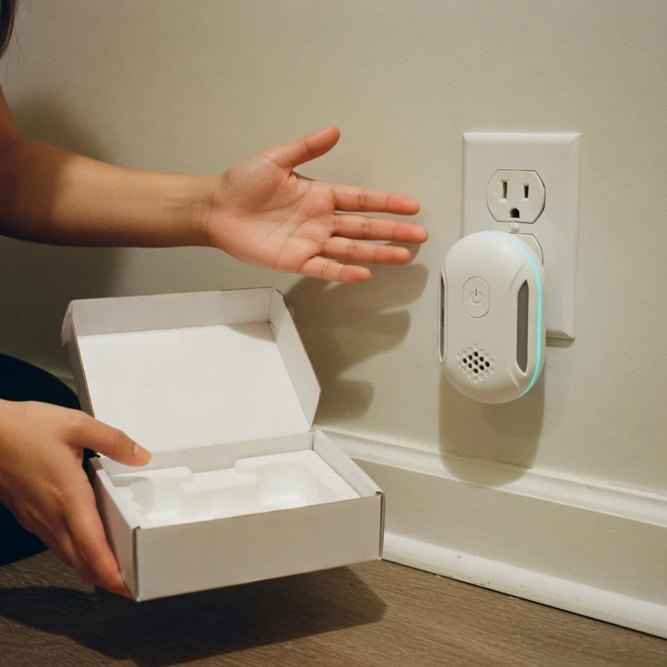 Linda M. from Indiana pointing to her Vermix device after a pest-free month