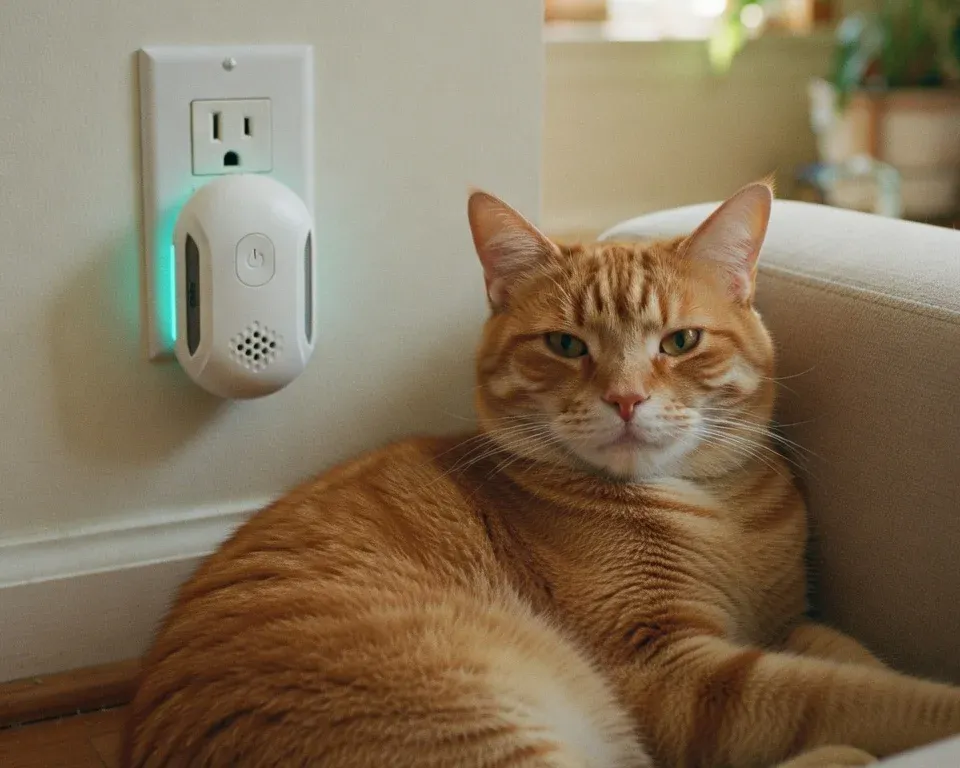 A domestic cat sitting safely near a Vermix Pulse Pro device proving it is pet-friendly